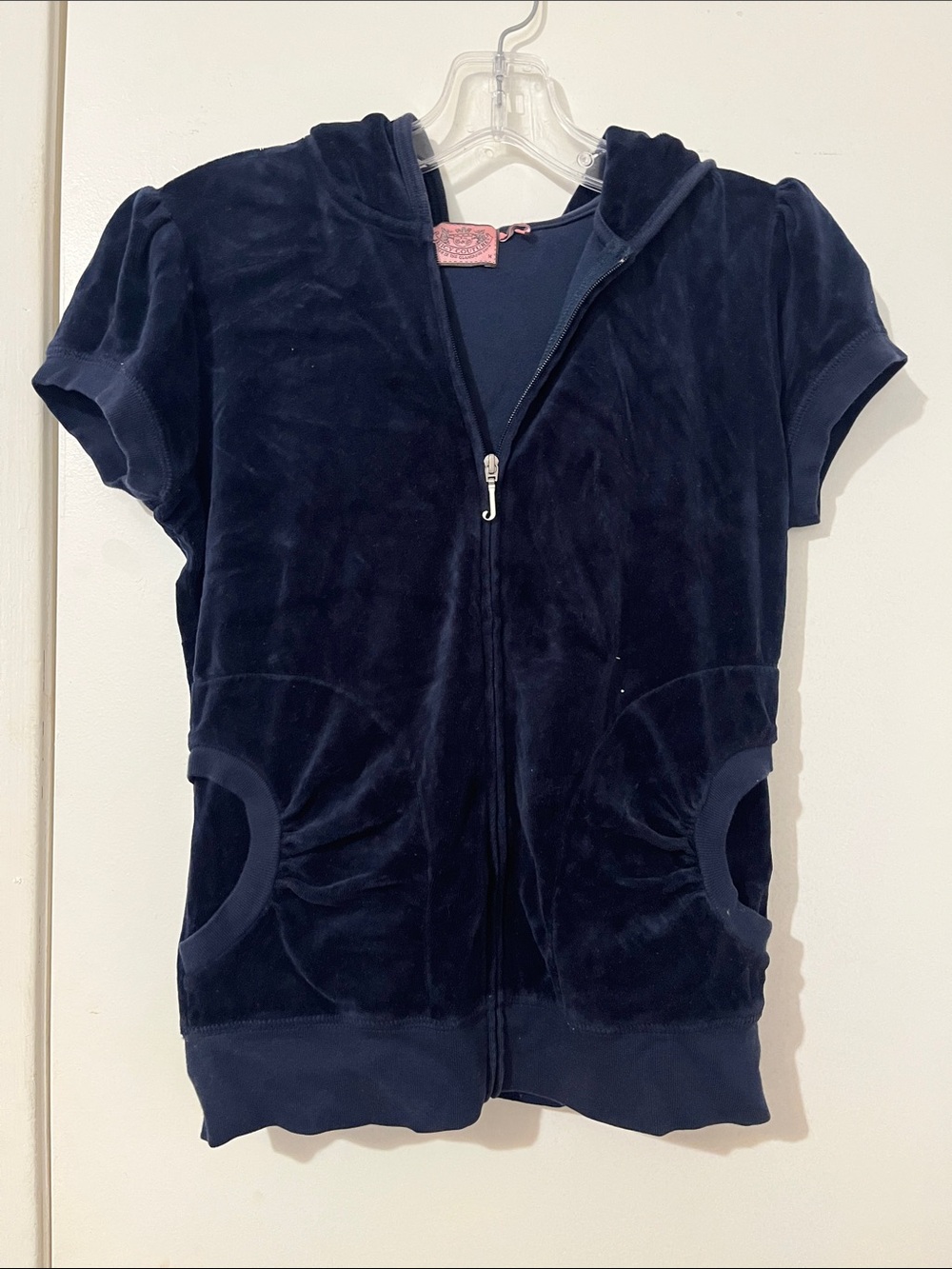 Y2K Vintage Juicy Couture Navy Velour Short-Sleeve Zip Hoodie size M
